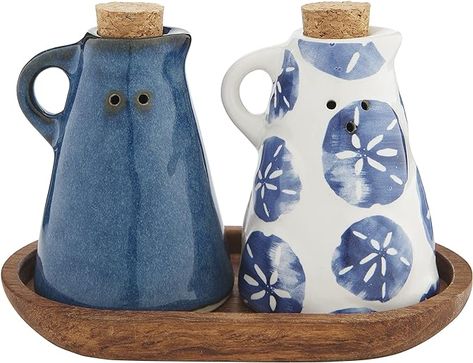 Mud Pie 40250102 Blue Coastal Salt Pepper Set, 3" x 6", Assembled Resturant Decor, Farmhouse Style Kitchen Decor, Pottery Lessons, Advanced Ceramics, Pottery Handbuilding, Ceramic Platters, Ceramics Pottery Art, Clay Art Projects, Ceramics Ideas Pottery