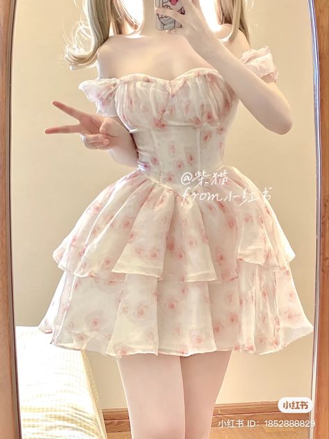 Puffy Dresses Short Casual, Cute Dresses Coquette, Ethereal Core Outfits, Cute Outfits Dresses Girly, Cute Fluffy Dresses, Bloomcore Outfits, Cocette Aesthetic Outfits, Vestido Coquette, Sweetheart Outfit