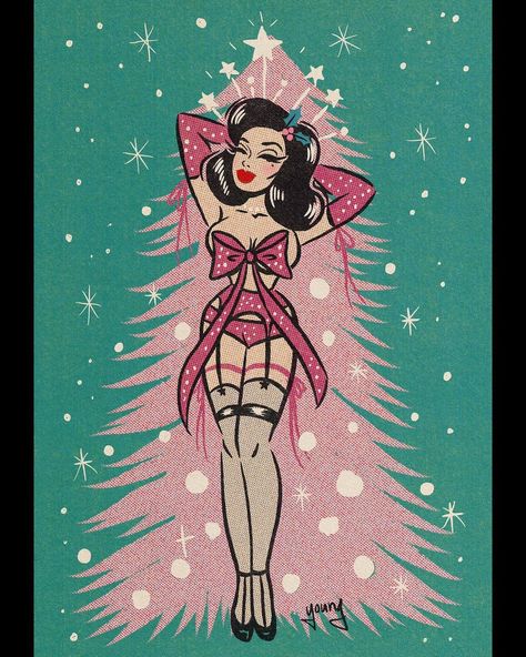 Andrea Young on Instagram: “Star of the tree 🌟 inspired by @shannon_brooke s photo of @ditavonteese . . . . . #ditavonteese #pinup #burlesque #pinkchristmastree…” Christmas Pinup, Pin Up Cartoons, Pink Xmas, Pink Christmas Tree, Textured Paper, Pin Up Art, Bright Stars, Graphic Design Services, Dark Fantasy Art