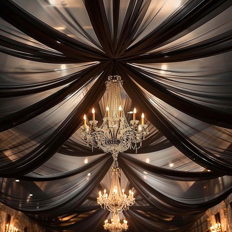 Transform Your Venue With Our 5ftx32ft Premium Black Chiffon Drapery. Perfect For Creating Elegant Ambiance. ✓ Get Yours Now! Black And Crystal Wedding Decor, Cover Ceiling With Fabric, Graduation Event Decor, Goth Ceiling Decor, Black And Gold Prom Theme, Hanging Fabric From Ceiling, Black And White Quinceanera Theme, Gatsby Event Decor, Great Gatsby Quinceanera