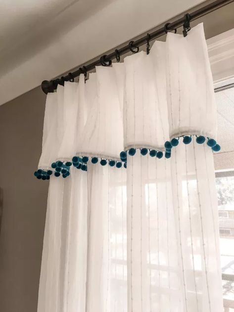 I never really liked the way that the window treatments in our family room looked. They are a basic pair of plain semi-sheer tab top curtains. I figured there must be something I could diy to make them a bit more playful for the kids but also keep the look minimal and relaxing for the adults. I think the folded over ruffle and the cute Pom Pom trim are the perfect touches and add just the right amount of interest to these once plain curtains. For this simple and quick diy all you wil… Ombre Curtains, Tie Up Shades, Check Curtains, Tab Top Curtains, Plain Curtains, Drop Cloth Curtains, Lace Table, Diy Curtains, Curtain Designs