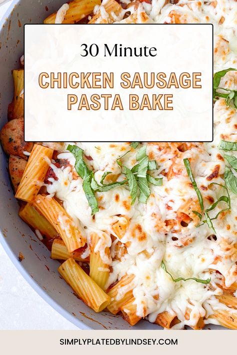 Looking for an easy weeknight dinner? Try this 30 Minute Chicken Sausage Pasta Bake! It is made with fire roasted tomatoes, onion, garlic, dried herbs, and topped with cheese and fresh basil! Super simple and packed with flavor! Serve with a simple side salad and dinner is served! Tomato Basil Chicken Sausage, Roasted Garlic Chicken Sausage Recipe, Simple Side Salad, Asiago Chicken, Sausage Pasta Bake, Chicken Sausage Pasta, Sausage Rigatoni, Tomato Basil Chicken, Minute Chicken