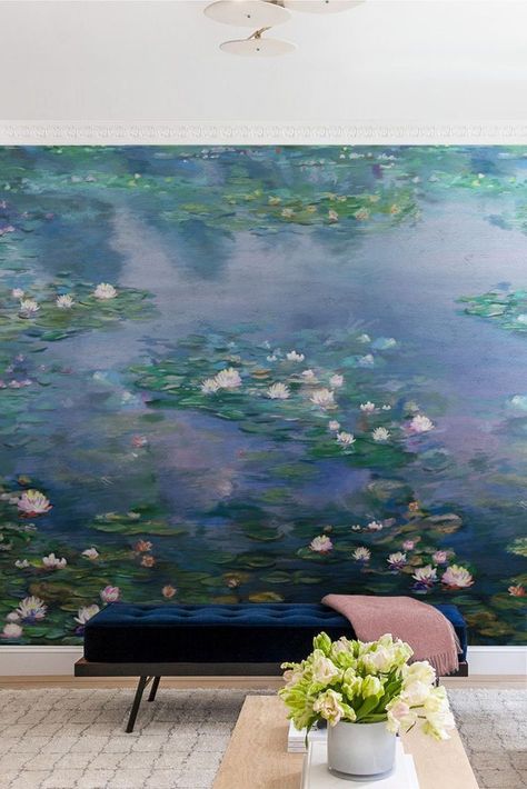 WATER LILIES mural is a dreamy homage to the mastery of nature possessed by the great impressionist artist Claude Monet. Our mural is stylized to any wall dimensions & color of your choice. Monet Wall Mural, Monet Inspired Bedroom, Monet Mural, Monet Bedroom, Monet Decor, Landscape References, Famous Art Paintings, Water Artwork, Water Lilies Painting