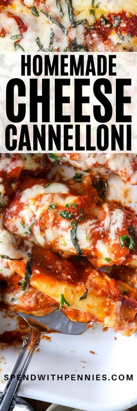 Homemade cheese cannelloni is always a family favorite! Cannelloni noodles are stuffed with a ricotta & spinach mixture and baked with mozzarella. This pasta recipe is an easy, filling, and delicious recipe! #spendwithpennies #cheesecannelloni #cannelloni #pastarecipe #stuffedpasta #maincourse Cheese Cannelloni, Recipes With Lasagna Noodles, Italian Pasta Bake, Ricotta Pasta Recipes, Spinach Cannelloni, Cannelloni Pasta, Ricotta Spinach, Ricotta Cheese Recipes, Cannelloni Recipes