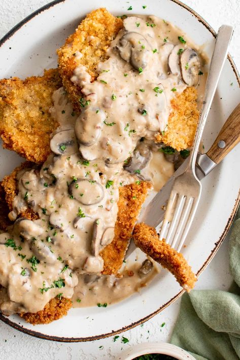 Breaded Pork Chops With Mushroom Gravy, Schnitzel With Mushroom Gravy, Pork Chops And Spatzle, Pork And Spaetzle, German Snitzel Dinner, Baked Schnitzel Pork, Easy Recipes With Pork, Authentic German Jägerschnitzel (hunter Schnitzel With Mushroom Gravy), Schnitzel With Mushroom Sauce