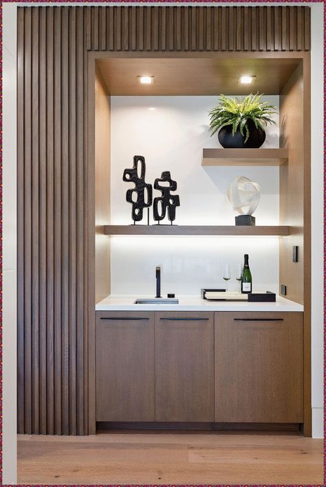 Built In Bar Nook Modern, Hotel Room Bar Cabinet, Built In Nook Living Room, Hotel Pantry Design, Wet Bar Bedroom, Wet Bar In Bedroom, Dining Room Design With Bar, Kitchenette In Living Room, Wet Bar With Shelves