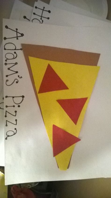 My class is learning about triangles, so we made pizza! Triangle Learning Activities, Shapes Art For Preschool, Triangle Pizza Craft Preschool, Teaching Triangles Preschool, Triangle Art For Preschoolers, Triangle Lesson Plans Preschool, Triangle Crafts Preschool Art Projects, Triangle Projects For Preschool, Triangle Crafts For Preschoolers