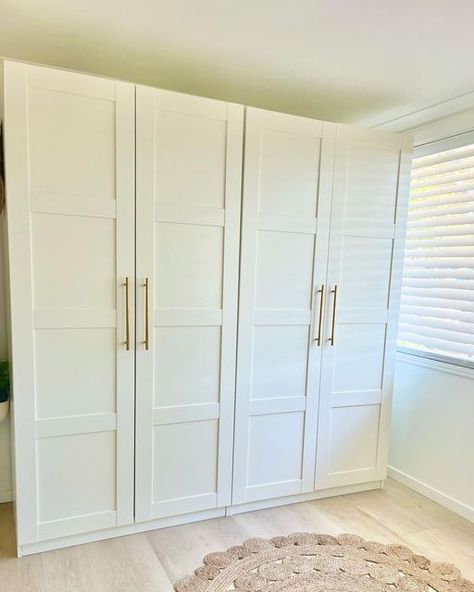 Coastal Family Adventures ☀️ on Instagram: "✨IKEA Wardrobe’s ✨ Love, Love & Love!!!!! Pax in White with Gold Handles. #ikea #ikeaaustralia #ikeawardrobe #paxwardrobes #goldhandles #ikeastorage #homerenovation #hamptonhomes #shakercabinets" Ikea Pax Wardrobe White Doors, Built In Wardrobe Ideas White, White Gold Closet, Ikea Pax Gold Handles, Ikea Pax Wardrobe White Stained Oak, White Closet With Gold Hardware, Ikea Wardrobe White, Rakkestad Ikea Wardrobe, White Ikea Pax Wardrobe