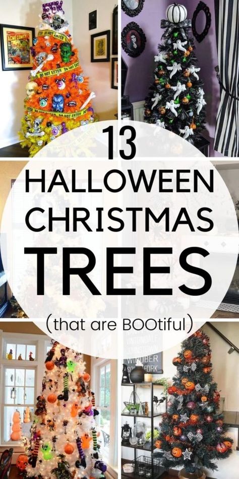 Natal, Halloween Christmas Tree Ideas, Halloween Christmas Tree, Creepy Halloween Decorations, Black Christmas Trees, Halloween Tree, Christmas Tree Ideas, Halloween Trees, Creepy Halloween