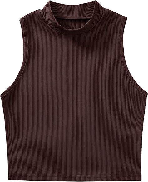 Style Dark Academia, Sleeveless Mock Neck, Brown Crop Top, Tank Crop Top, Tan Top, Slim Fit Top, Tanktop Girl, Shorts Skirts, Womens Basic