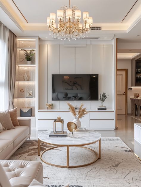 Interior Design With Gold Accents, White And Gold Living Room Ideas, Gold White Living Room, Modern Living Room Ideas Luxury, Cream And Gold Living Room, Luxury Living Room Designs Classy, White And Gold Living Room, Gold Accents Living Room, Golden Living Room