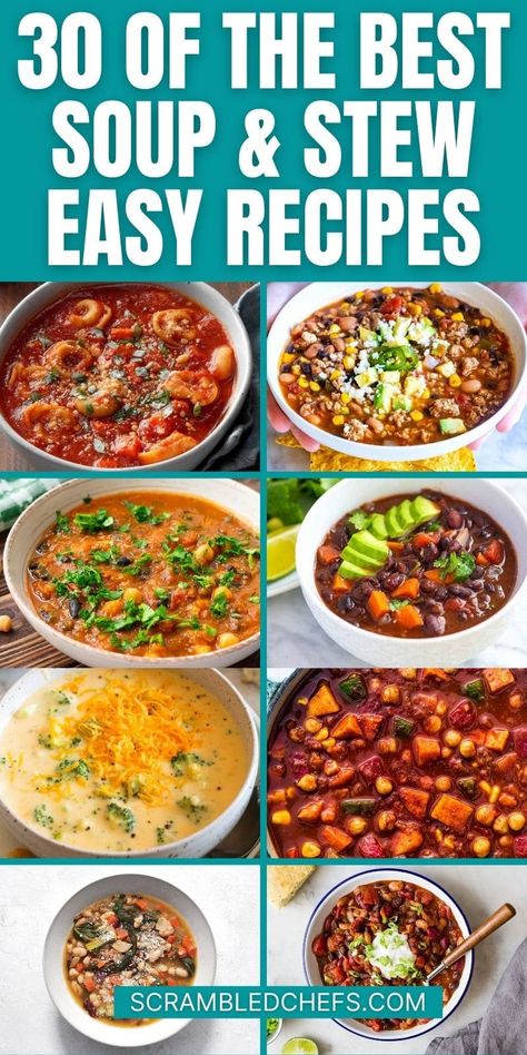 Add one or all of these delicious chili and soup recipes to your meal plan today! Soup, stews, and chili are perfect for fall and winter! You'll find chicken soup, taco soup, bisque, chowder, stew, soups, and stews! Tons of delicious ideas to add to your soup season menu! Soup Stew Chili Recipes, Best Fall Soup Recipes, Soup Bisque, Warm Soup Recipes, Best Soups, Soup And Stew Recipes, Soups Recipes, Homemade Soup Recipe, Fall Soup Recipes