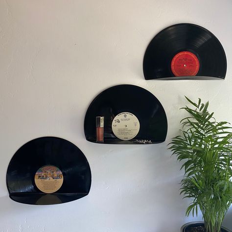 vinyl shelves made out of  old records price is per shelf Vinyl Record Room Decor, Record Room Ideas, Vinyl Shelves, Record Room Decor, Record Diy, Record Wall Decor, Vinyl Record Shelf, Record Wall Art, Music Bedroom