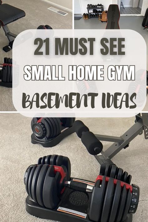 ARE YOU READY TO MAKE USE OF YOUR BASEMENT? LET'S START INVESTING IN OURSELVES WITH OUR AT HOME GYM!! WE DON'T HAVE TO BREAK THE BANK EITHER! LET'S USE WHAT WE ALREADY HAVE TO ORGANIZE AND TAKE A SMALL CORNER IN OUR ROOM TO WORKOUT AT HOME! #CUTEGYM #ATHOMEWORKOUT #BASEMENTGYMIDEAS #SMALLHOMEGYM #BASEMENTWORKOUTAREA Downstairs Workout Room, Home Gym Laundry Room Combo, At Home Gym Must Haves, Essential Home Gym Equipment, Organize Workout Equipment, Home Gym Ideas In Garage, Home Weight Room Ideas, Weight Sets Equipment At Home, Home Gym Essentials Small Spaces