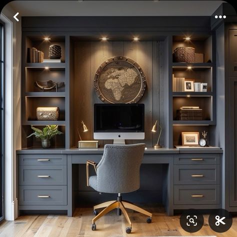 Home Office Shelving Above Desk, Small Office Ideas With Built Ins, Home Office Built In Ideas, Double Desk Office Built Ins, Study With Built In Desk And Shelves, Office Built In Shelving, Best Home Office Design, Dark Office With Built Ins, Office Desk Shelves