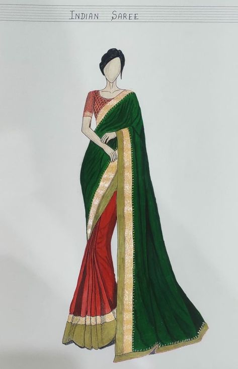 How To Draw A Saree, Indian Dress Sketches Pencil, Saree Drawing Illustration, Saree Art Drawing, Traditional Dresses Illustration, Saree Illustration Fashion Sketch, Traditional Dresses Drawing, Saree Sketches Fashion Illustration, Sari Sketch