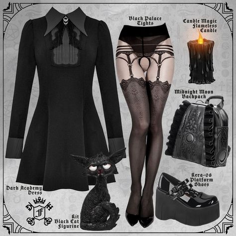 📚✨ Unveil Your Dark Academy Witch Vibes! ✨📚 Step into the enchanting world of dark academia with our spellbinding outfit set: 🖤 Dark Academy Dress: Perfect for conjuring up some serious style. 👠 KERA-08 Platform Shoes: Elevate your look with these stunning heels. 🕸️ Black Palace Open Gusset Tights: Edgy and elegant, just like you. 🌙 Midnight Moon Backpack: Carry your essentials in gothic charm. 🐱 Kit Black Cat Figurine: A little mystical companion for your space. 🕯️ Candle Magic Flameless Ca... Dark Academia Witch Outfit, Dark Academia Witch, Black Palace, Moon Backpack, Stunning Heels, Midnight Moon, Dark Academy, Witch Vibes, Witch Academia