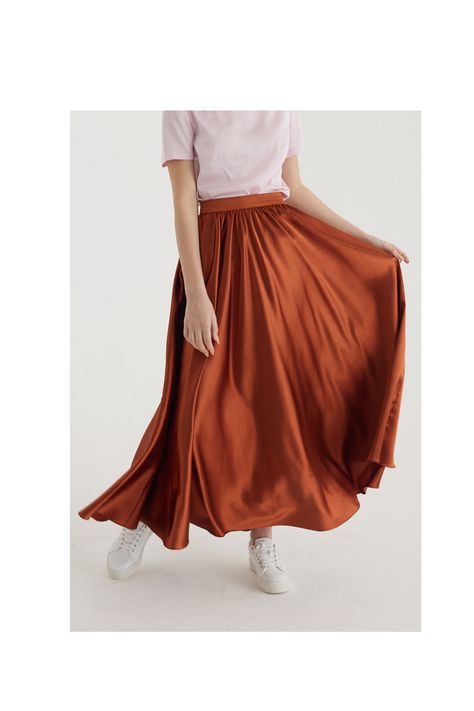 Flared vintage Skirt, ANKLE length SILK Circle Skirt, Rust MIDI Women Skirt 1950 years, Pockets Solid Skirt, Vintage Skirt, 1950 skirt by StylePosh on Etsy Satin Circle Skirt, 1950 Skirt, Long Silk Skirt, Solid Skirt, Flowing Fabric, Women Skirt, Vintage Rock, Skirt Vintage, Skirt With Pockets