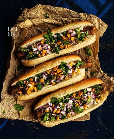 Vegan Sausage Hot Dog - Bake-Street.com - Bake-Street.com Street Hot Dogs, Vegan Hot Dog, Sausage Wrap, Homemade Buns, Plats Healthy, Savory Meals, Vegan Sausage, Dog Recipes, Baker Street