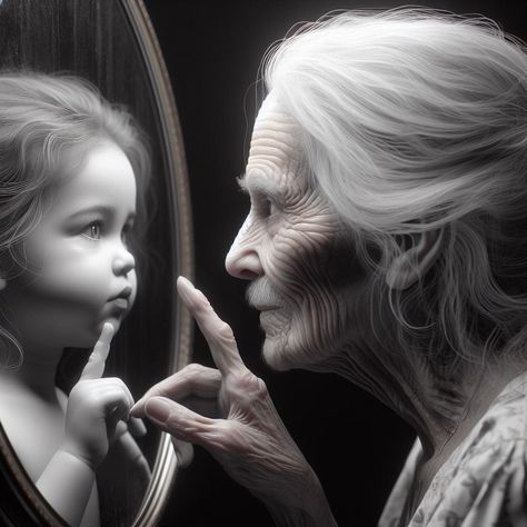 427. PROMPT: A hyper-realistic old woman looking into a mirror, she sees the re… – AisRafa Old Lady Looking In Mirror, Old Woman Looking In Mirror, Woman Looking Into Mirror, Person Looking In Mirror Reference, Mirror Reflection Art, Skateboard Reference, Woman Looking In The Mirror, Woman Looking In Mirror, Fear Of Getting Old