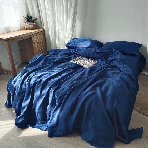 Dark Blue Duvet Cover, Blue Comforter Bedroom Ideas, Boyfriend Room, Dark Bedding, California King Duvet Cover, Pure Linen Bedding, Bedroom Aesthetics, Bedding Sets Grey, Super King Duvet Covers