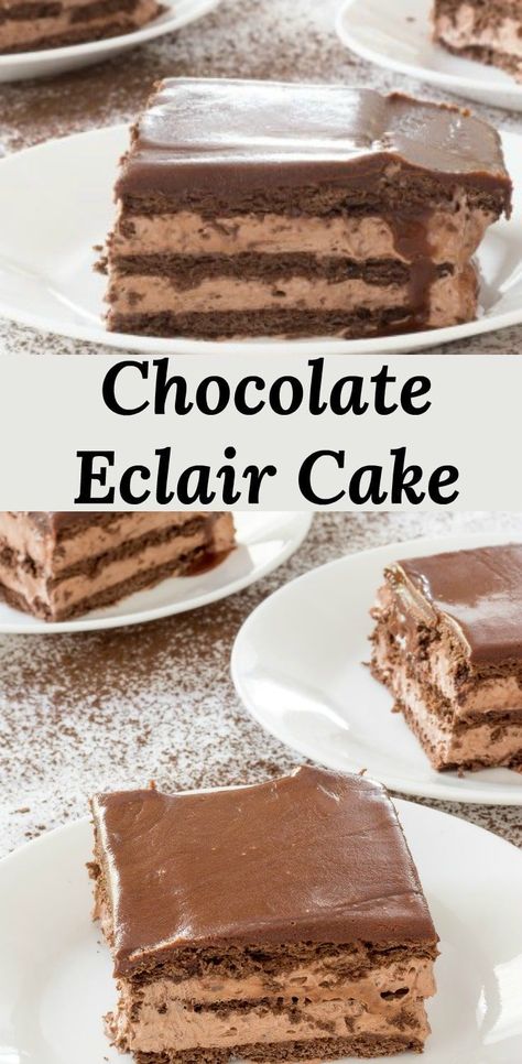 No Bake Chocolate Eclair Cake, No Bake Chocolate Eclair, Oreo Dirt Pudding, Eclair Cake Recipe, Chocolate Eclair Dessert, Eclairs Dessert, No Bake Eclair Cake, Eclair Cake Recipes, Chocolate Eclair Cake