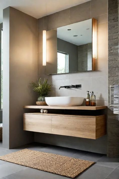 A minimalist bathroom with a floating wooden vanity and vessel sink Minimalist Bathroom Vanity Ideas, Powder Room With Floating Vanity, Floating Bath Vanity, Floating Vanity Bathroom Spa, Japanese Bathroom Vanity, Bathroom Sink Ideas Modern, Powder Room Floating Vanity, Wood Floating Bathroom Vanity, Revamp Bathroom