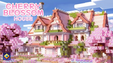 Cherry Blossom House Cherry Blossom Minecraft Color Palette, Minecraft Cherry Blossom House Cottage, Cherry Blossom Barn Minecraft, Cherry Blossom Mansion Minecraft, Cherry Blossom Base Minecraft, Minecraft Builds Cherry Blossom, Minecraft Cherry Blossom House Tutorial, Minecraft Houses Cherry, Cherry Blossom Minecraft Build