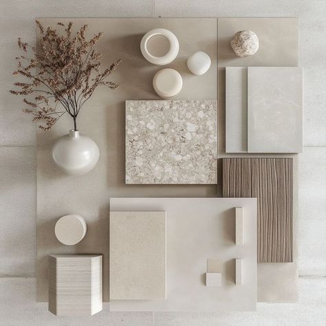 This mood board presents a sophisticated take on minimalism with its combination of creamy neutrals, polished stone, and sleek wood textures. Designed for those who appreciate subtle luxury, the arrangement of smooth finishes and soft materials adds depth to any interior space. From delicate ceramics to finely textured panels, this collection inspires balance and serenity. Perfect for creating peaceful environments with a modern edge. Save this for your minimalist interior design ideas! Interior Design Minimal, Mood Board Interior, Modern Luxury Interior, Textured Panels, Material Board, Subtle Luxury, Design Palette, Tiny Space, Material Palette