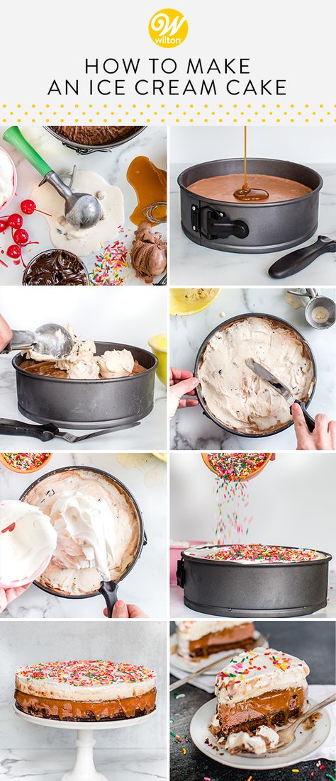 Try this favorite summer dessert recipe by @jennycookies for your next birthday celebration! Use your favorite brownie recipe paired with your favorite ice cream flavor to cool you down in the summer heat! Everyone loves an easy ice cream cake! #wiltoncakes #icecream #dessert #dessertideas #cakes #cakeideas #cakedecorating #homemade #icecreamcake #recipes #howto #blog #blogger #blogpost #summerdesserts #desserttable #icecreamdesserts #icecreamideas #simple #easy #beginner #basic Healthy Ice Cream Cake, Make An Ice Cream Cake, Make Ice Cream Cake, Diy Ice Cream Cake, Easy Homemade Ice Cream, Easy Ice Cream Cake, Homemade Ice Cream Cake, Ice Cream Cake Recipe, Easy Ice Cream