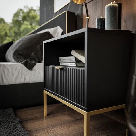 Dark Room With Gold Accents, Black And Bronze Bedroom, Bedroom With Black Furniture, Black Dresser Bedroom, Black Bedside Tables, Black And Gold Decor, Bronze Bedroom, Bedside Table Ideas, Bedside Table Black