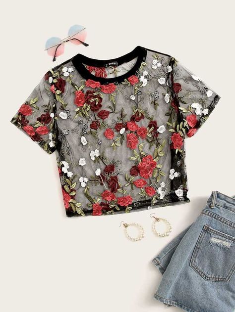 Floral Embroidered Crop Mesh Top | SHEIN USA Flower Crop Top, Sheer Mesh Top, Mesh Tops, Mesh Blouse, Solid Leggings, Short Sleeve Cropped Top, Crop Top Blouse, Teen Fashion Outfits, Sheer Fabrics