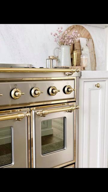 Antique White Range, White And Brass Appliances, Cream Oven Kitchen, Hallman Range In Kitchen, Ilve Nostalgie Range, Stove Makeover, Hallman Range, Kitchen Ovens, Brass Handrail