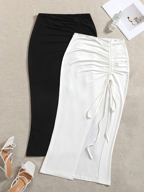 SHEIN VCAY 2pcs Solid Drawstring Split Thigh Spring SkirtI discovered amazing products on SHEIN.com, come check them out! Thigh Skirt, Cute Nike Outfits, Bodycon Midi Skirt, Long Skirts For Women, Women Skirts, Spring Skirts, Classy Casual Outfits, Body Con Skirt, Cute Simple Outfits