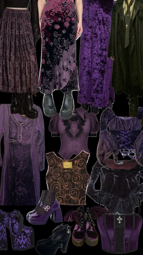 #whimsigoth #purple Purple And Green Whimsigoth, Dark Purple Gothic Aesthetic, Purple Winter Outfit Aesthetic, Dark Academia Outfit Purple, Purple Vampire Outfit, Purple 70s Aesthetic, Dark Purple Aesthetic Outfit, Purple Aesthetic Outfit Grunge, Purple Alt Outfit