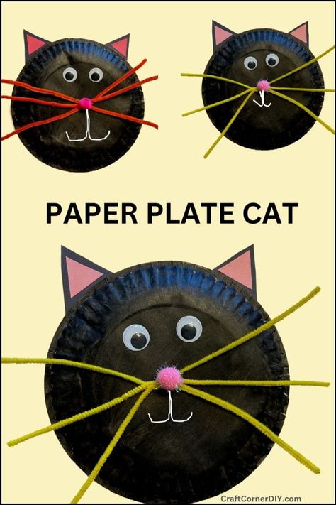 Pinterest picture featuring a paper plate black cat, a Halloween craft for kids. Cat Crafts For Toddlers, Halloween Cat Crafts For Kids, Halloween Cat Crafts Preschool, Cat Projects For Preschool, Cat Art Activities For Preschool, Paper Plate Cat, Black Cat Craft, Black Cat Craft Preschool, Cat Crafts For Kids