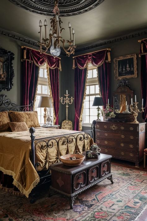 Embrace raw elegance with this industrial-inspired bedroom. Exposed brick, metal accents, and repurposed vintage items create a unique space with a nod to the past. Gothic Revival Bedroom, Bedroom Exposed Brick, New Orleans Bedroom, French Industrial Decor, Inspired Bedroom, Industrial Bedroom, Victorian Furniture, Southern Gothic, Vintage Bedroom