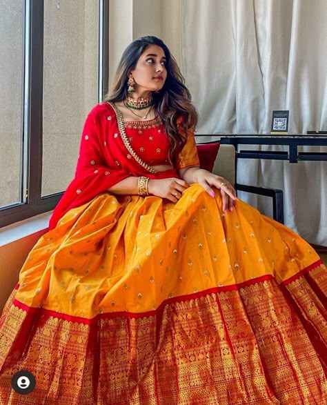 Plus Size Half Saree, Kanjivaram Silk Lehenga, Latest Half Sarees Weddings, Lehenga With Pattu Saree, Dress Outfits Party Wedding, Lehanga Designs Pattu, Lehanga Photo Poses Traditional, Yellow Half Saree Designs, Latest Half Saree Designs Simple