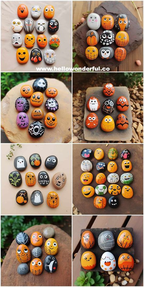 Spooky Fun: How to Paint Halloween Rocks Art Stones Ideas, Rock Halloween Painting, Rock Painting Ideas For Halloween, Halloween Themed Painted Rocks, Painting Halloween Rocks, Painted Rocks For Halloween, Painting Rocks Halloween, Painted Rock Pumpkins, Rock Painting Halloween Ideas