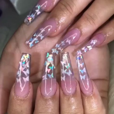 Baddie Nails With Initials, Sequin Nails, Butterfly Change, Sparkle Butterfly, Nails Butterfly, Bad Nails, Butterfly Nail Designs, New Nail Trends, Acrylic Butterfly