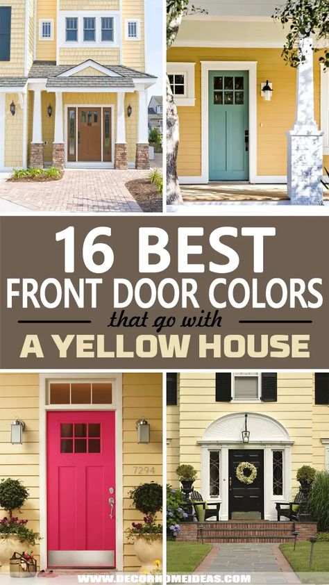 Front Door Colors With Light Yellow Siding, Black Front Door Yellow House, Exterior Yellow House Colors, Exterior House Colors Yellow Siding, Small Yellow House Exterior, Modern Yellow House Exterior, Front Door Color Cream House, What Color Shutters For Yellow House, Yellow House With Colored Door