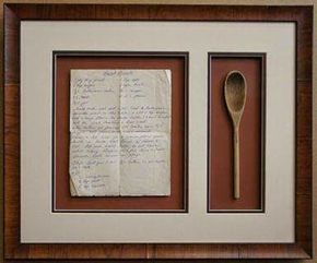 How’s this for a treasured keepsake – a favorite family recipe custom framed together with a special item from your family kitchen. This piece features a recipe for “Grandma’s Donuts” along with a wooden spoon. We bet there are many memories housed within the four sides of this frame! What recipe do you love so much you would custom frame it? Do It Yourself Decoration, Kitchen Artwork, Family Keepsakes, Family Recipe, Family Kitchen, Wooden Spoon, Shadow Boxes, Family Heirloom, Vintage Frames