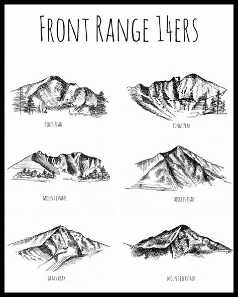 Currently drawing up a Colorado 14er series and working on an Etsy shop to get some things sold. These drawings have actually been quite… Longs Peak Colorado Tattoo, Colorado Mountains Drawing, 14er Tattoo, Colorado Rocky Mountains Tattoo, Colorado 14er Tattoo, Colorado Tattoo Ideas Rocky Mountains, Front Range Colorado, Mountain Tattoo Colorado, Colorado C Tattoo