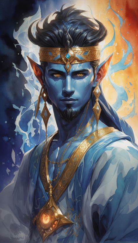 A Djinn is a blue-skinned magical being with pointed ears, masculine, sharp focus Djinni Dnd, Male Genie Art, Water Elemental Male, Dnd Genie, Blue Skin Character Design, Air Genasi Male, Water Genasi Male, Djinn Art, Ifrit Djinn