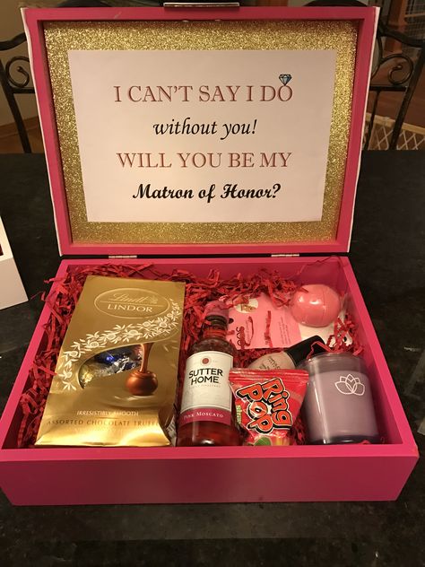 The "Will you be my Matron of Honor" box I made for my Matron of Honor!  #wedding #maidofhonor #willyoubemymatronofhonor #willyoubemymaidofhonor #matronofhonor #bridesmaids #love Matron Of Honor Box Ideas, Bridesmaids Gifts Will You Be My, Will You Be My Matron Of Honor Ideas, Gifts For Matron Of Honor, Will You Be My Bridesmaid Gifts Box Diy, Will You Be My Maid Of Honor Ideas Bridesmaid Boxes, Proposal Gifts For Her, Maid Of Honor And Matron Of Honor, Will You Be My Maid Of Honor Box