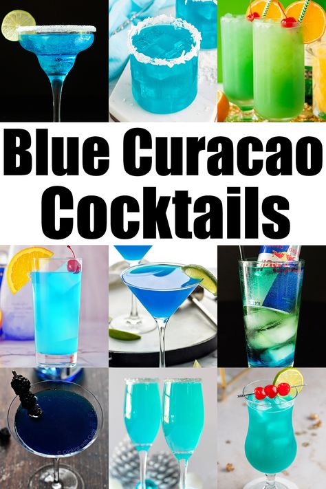 A photo collage showing nine different blue cocktails. Bold text in the middle reads "Blue Curacao Cocktails". Crazy Cocktail Recipes, Cocktails With Blue Curacao, Curacao Vacation, Blue Curacao Liqueur, Blue Drinks, Green Cocktail, Best Cocktail Recipes, Green Drinks, Campbell Soup