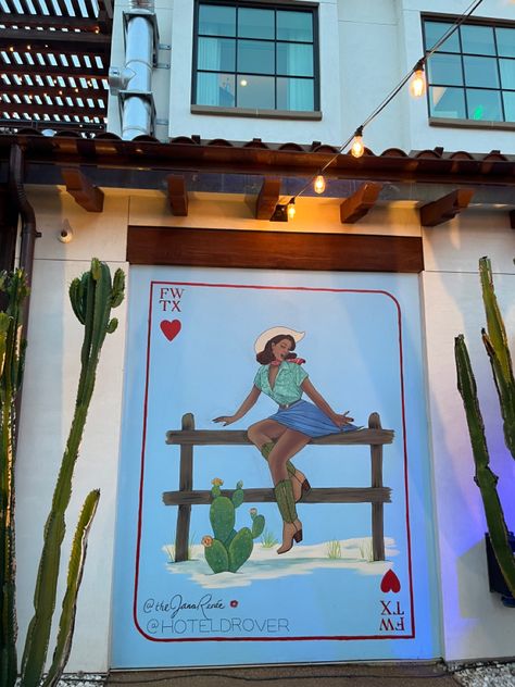 Cowgirl mural, Hotel Drover, queen of hearts mural, western painting, cactus, blue and green painting Western Wall Mural, Cowgirl Mural, Western Airbnb, Western Mural, Painting Cactus, Office Paint, Green Painting, Western Paintings, Mobile Boutique