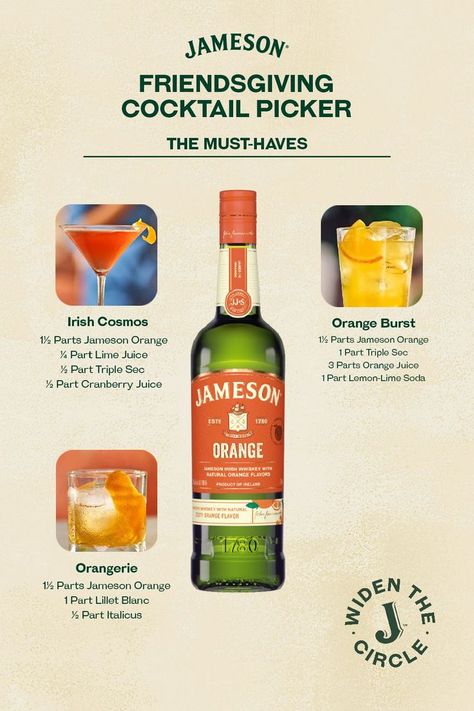 Take the stress out of hosting Friendsgiving by having your cocktails lined up. Grab a bottle of Jameson Orange and pin these three cocktail recipes to your board and pull off a spectacular celebration. Jameson Whiskey Cocktails, Orange Jameson Drinks, Jamison Orange Whiskey Drinks, Orange Jameson Cocktails, Jameson Orange Whiskey Drinks, Jameson Orange Cocktails, Alcohol Therapy, Jameson Orange, Jameson Whiskey Drinks