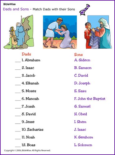 Match Dads and Sons (Older Children) - Kids Korner - BibleWise Fathers In The Bible For Kids, Sunday School Fathers Day, Biblical Games, Fathers In The Bible, Bible Quiz Games, Dads And Sons, Sunday School Worksheets, Bible Trivia, Bible Crafts Sunday School