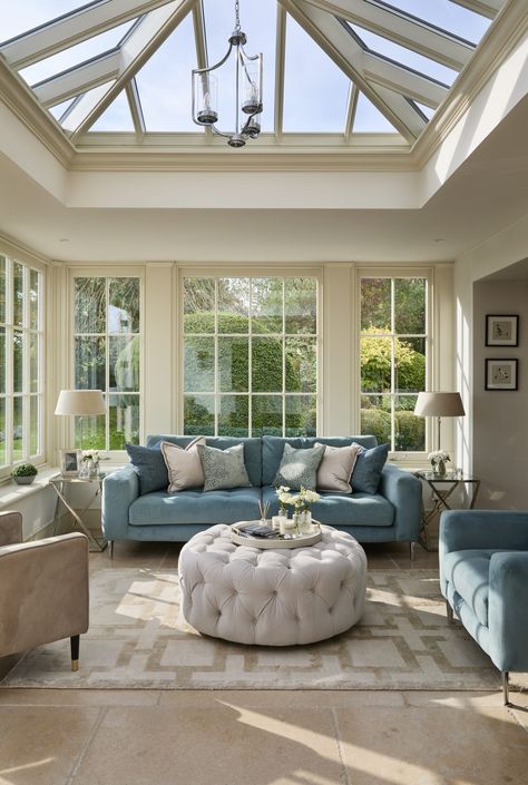 Orangery Decor, Conservatory Decor Ideas, Orangery Interior, Egg Blue Kitchen, Duck Egg Blue Kitchen, Orangery Roof, Sunroom Renovation, Conservatory Interiors, Conservatory Living Room